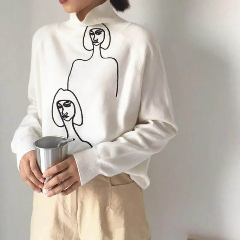 

Geometric Face Embroidery Sweaters Character Women Mock Neck Long Sleeve Soft Pullover Sweater