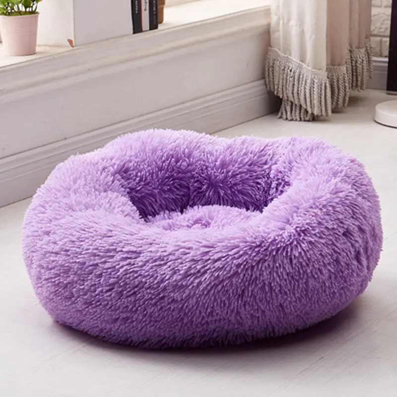 Purple Длинная плюшевая круглая кровать для домашних животных питомник собака кошка теплый флис зимний спальный щенок кошка подушка супер мягкие пушистые плюшевые прокладки товары для домашних животных - Цвет: Purple