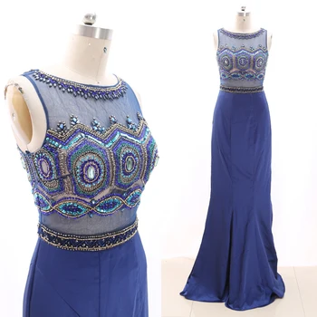 

MACloth Dark Navy Mermaid O Neck Floor-Length Long Crystal Tulle Prom Dresses Dress M 268667 Clearance