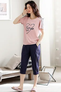 

Women's sleepwear summer short sleeve top and shorts 2 pcs pajama set soft cotton thin summer casual top pant home wear suit