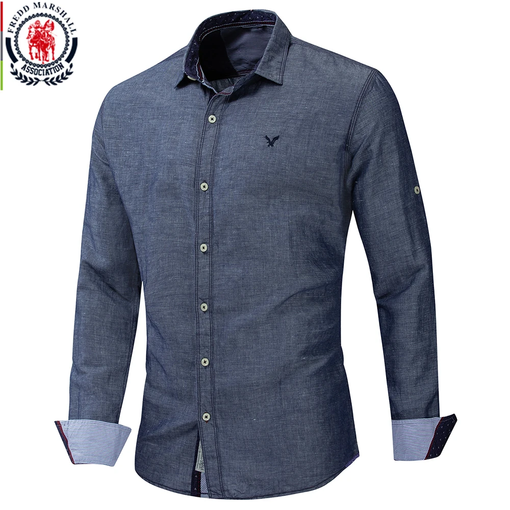 

Fredd Marshall 2019 New Business Casual Classic Shirt Men Roll-up Sleeve 100% Cotton Social Dress Shirt Male Brand Clothing 208
