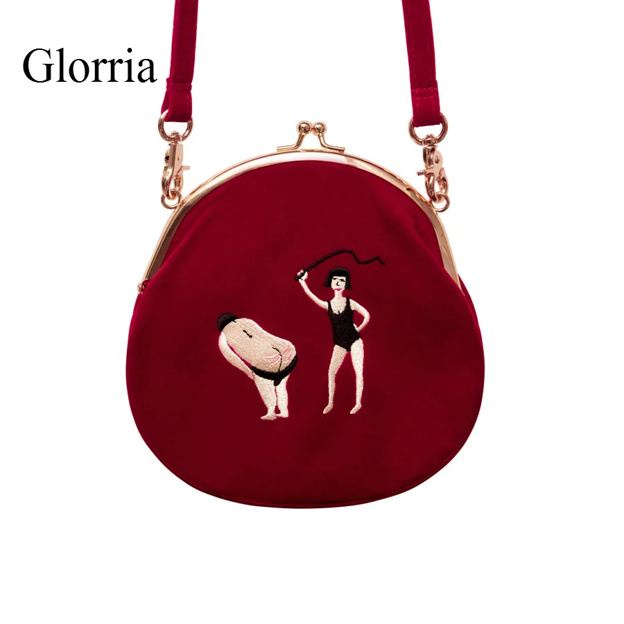 

Glorria fashion ladies retro bag velvet embroidery ladies Messenger bag Chinese style semicircular round original design