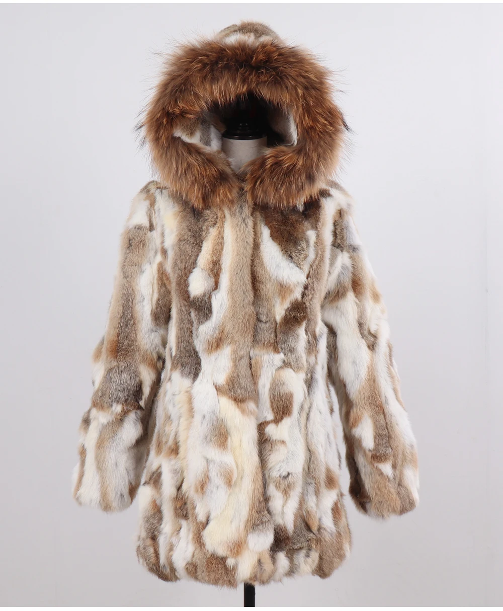 Русская зима, Женское пальто с капюшоном из натурального кроличьего меха, натуральный теплый мех кролика, куртка с воротником из натурального меха енота, женские пальто из натурального меха