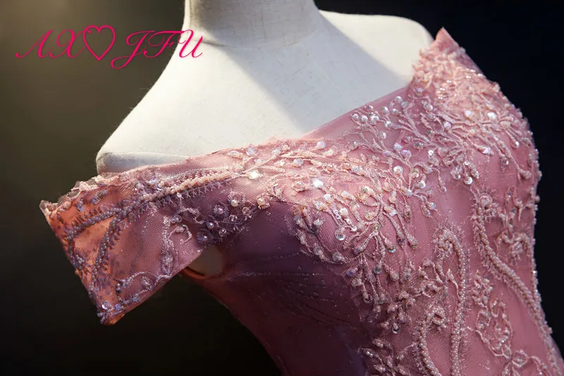 AXJFU винтажное Розовое Кружевное цветочное Иллюзия принцессы роскошное вечернее платье бисерные украшения для выреза «Лодочка»