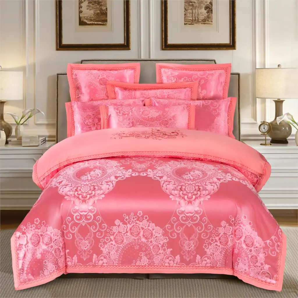 KELUO Luxury Wedding jacquard mulberry silk bedding 100%cotton Embroideredincluding duvet cover bed sheet pillowcase GRAY - Color: Such as pictures