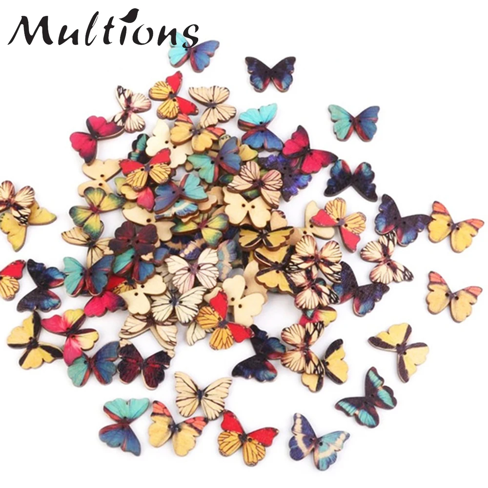50pcs Butterfly Wooden Buttons 28mm 2Hole Buttons Mixed Color Decorative Buttons for Clothing Crafts DIY Decoration