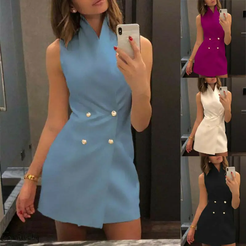 

Women 2019 Summer Hot Fashion Casual Elegant Sleeveless Button Up Double-Breasted Short Mini Dresses Sexy Party Vintage Vestidos