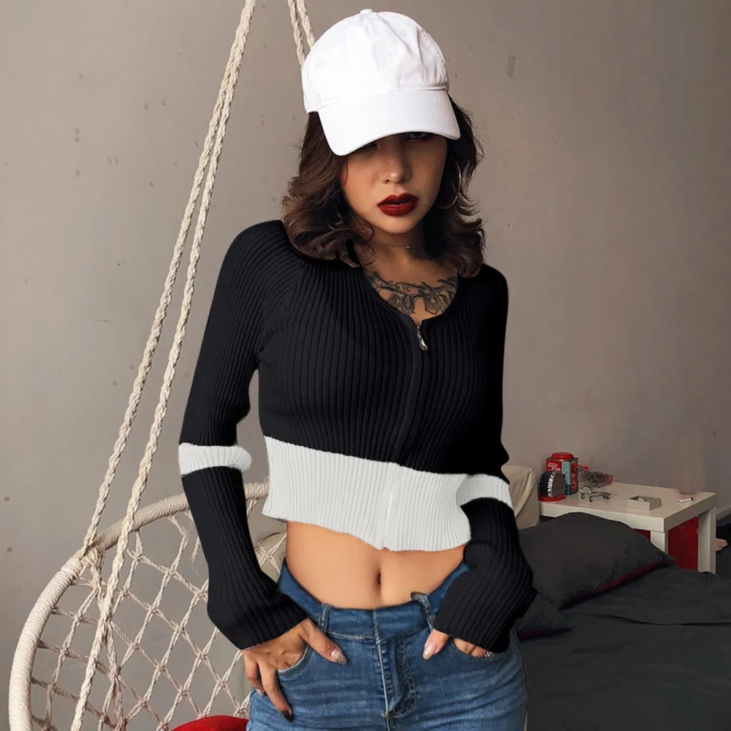 coats and jackets Women Autumn Long Sleeve Color Splicing Zipper Knitting Pullover Short Blouse chaquetas mujer manteau femme