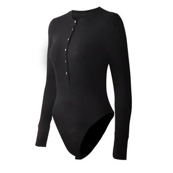 

Sexy V Neck Knitted Bodysuit Women Black Long Sleeve Buttons Slim Ladies Sexy Romper Womens Jumpsuit W1