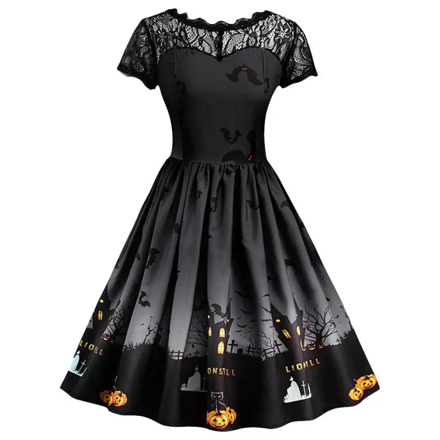 

Fast Sending Women's Short Sleeve Halloween Retro Lace Vintage Dress A Line Pumpkin Swing Dress Party Costume Drop Shipping c816