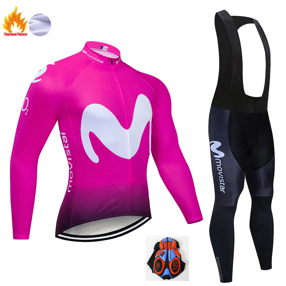 Winter Cycling Suit Флуоресцентный зеленый Movistar Team зимний термальный флис Джерси MTB Велоспорт нагрудник брюки комплект теплая куртка Одежда дорожный велосипед одежда - Цвет: Winter Cycling Suit