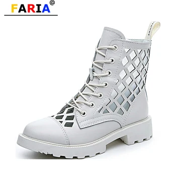 

2020 new fashion Genuine leather Ankle platform boots Breathable sandals women med 4cm Lace-Up Round Toe off white summer shoes