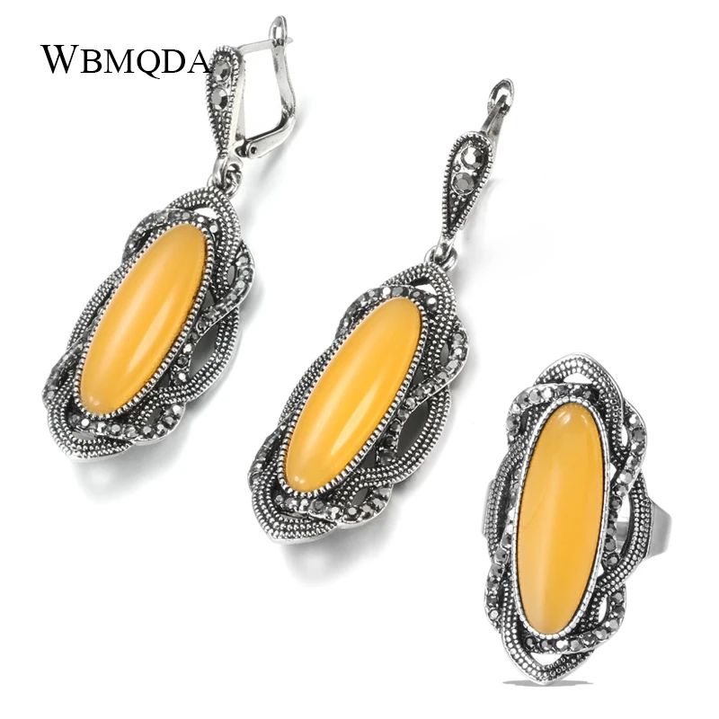 Women Earring Ring Sets Boho Yellow Stone Tibetan Silver AAA Gray Crystal Big Oval Vintage Jewelry earring ring sets