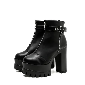 

Ultra High Platform Heels Women Ankle Boots Black Female High Heels Leather Shoes Round Toe Ladies Party Shoe Spring 2020