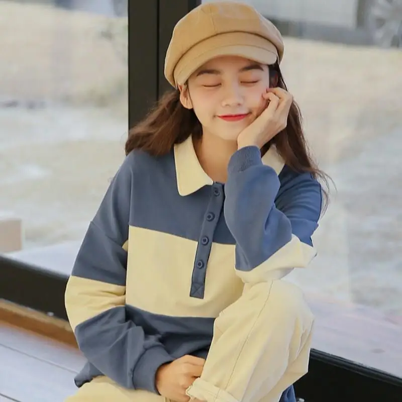 Hot Sale Fashion Spring Fall Women Color Block Patchwork Casual Pullovers Sweatshirts Korean Long Sleeve Sweatshirts
