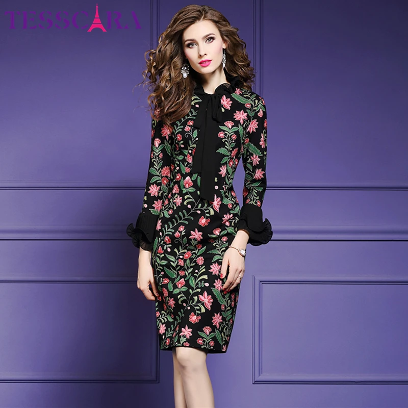 TESSCARA, женское осеннее элегантное платье с цветочным принтом, женское винтажное дизайнерское платье с рюшами, Ретро стиль, офисные вечерние платья, женское платье размера плюс