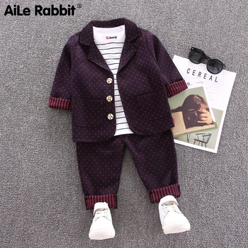 

2019 Boy Gentleman Suit Jacket T-shirt Pants 3 Piece Set Dot Boy's Clothes Long Sleeved Wedding Suit Autumn New Suit Red Gray