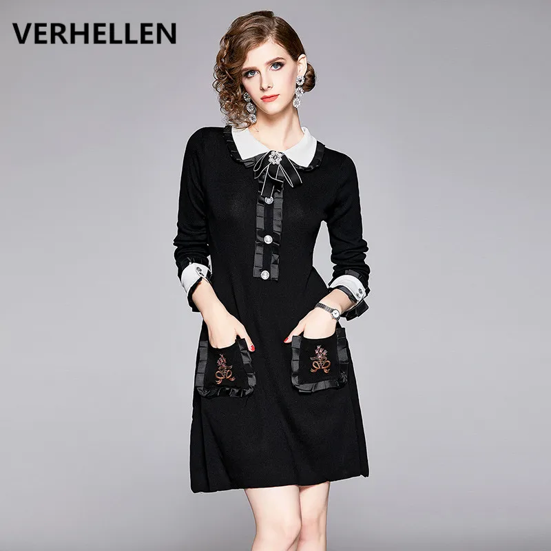 

VERHELLEN High Quality Luxury Runway Dress 2019 Autumn Women's Long Sleeve Pearl Bow Embroidery Knitted Elegant Vintage Dress