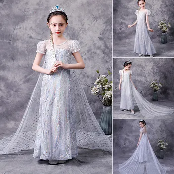 

Snow Queen 2 Shimmering White Elsa Mesh Dress Girls Sequined Princess Party Costume Ankle Length Maxi Dress Kids Christmas Frock