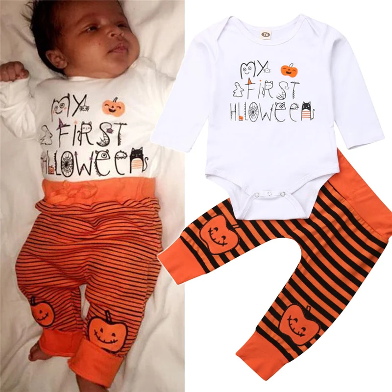 0-24M Newborn Baby Boy Girl Halloween clothes Pumpkin Outfit Romper Jumpsuit+Striped Pants 2019 Autumn Clothing Set | Детская одежда и