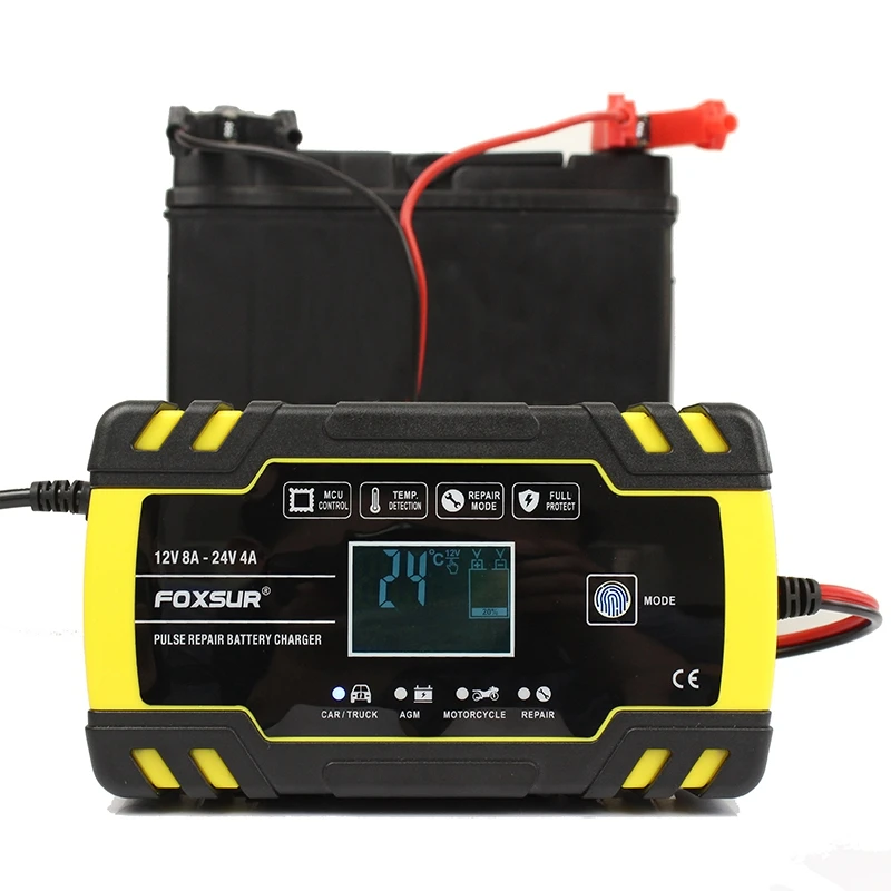 FFYY-Foxsur 12V 8A 24V 4A импульсный Ремонт зарядное устройство с ЖК-дисплеем, мотоцикл и автомобиль зарядное устройство, 12V 24V Agm гель влажный свинцово-кислотный