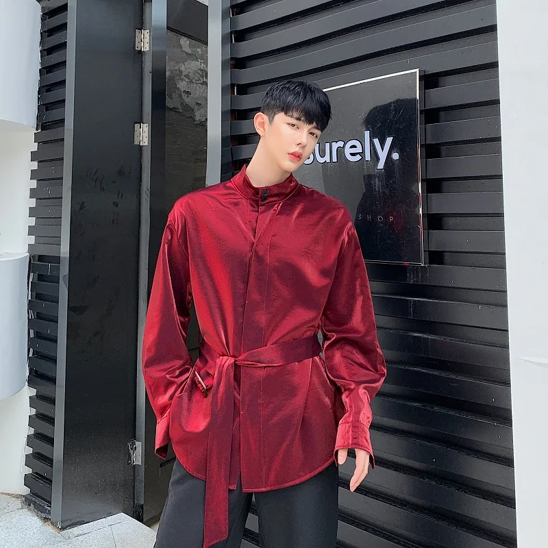 Рубашка мужская Блестящая с длинным рукавом повседневная поясом и воротником