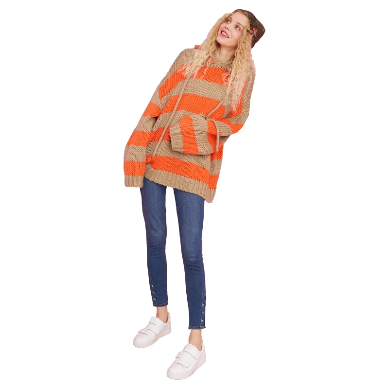 ELFSACK оранжевый полосатый свитер для повседневной носки Зимняя одежда Для женщин трикотажный топ осень в Корейском стиле; свободные женские свитера