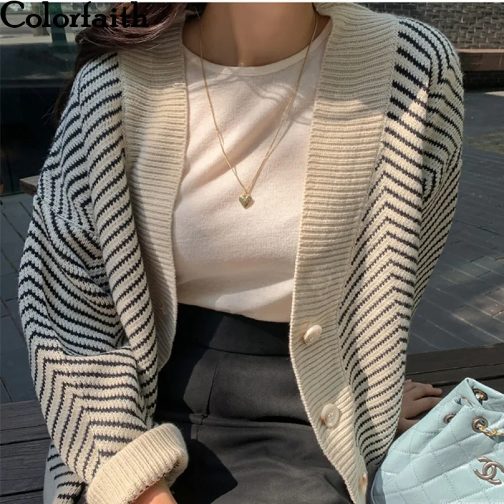 Cardigans-Buttons Knitwear Sweaters Oversize Colorfaith Striped Womens Tops Spring V-Neck