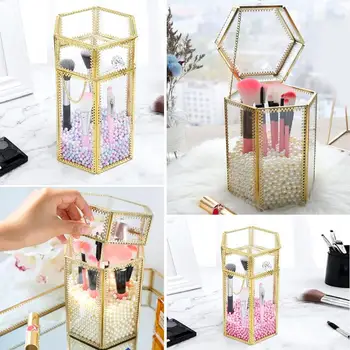 

Geometric Glass Makeup Brush Box Holder Jewelry Box Pencil Bucket Makeup Organizer Desktop Cosmetic Storage Box Pearls Barrel