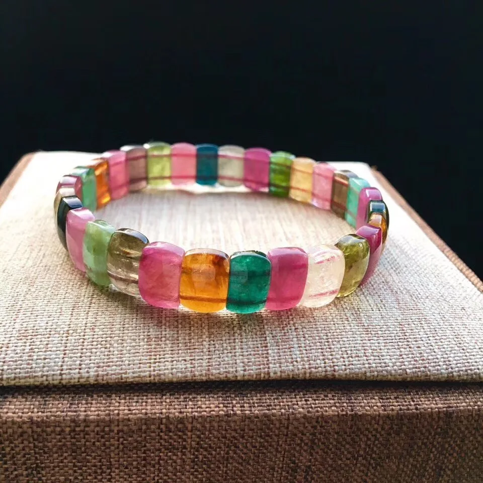

100% Natural Brazil Rainbow Tourmaline Bracelet For Women Lady Crystal 10x6.5mm Clear Rectangle Beads Bangle Bracelet AAAAA