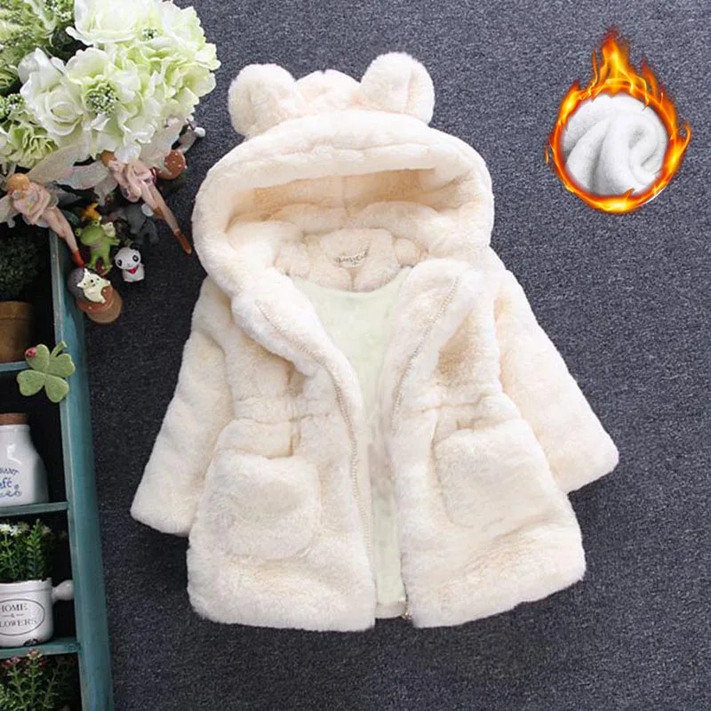 Thick white 100cm Высококачественное Детское пальто с капюшоном на осень и зиму, детская теплая куртка с искусственным мехом, милые ушки животных - Цвет: Thick white 100cm