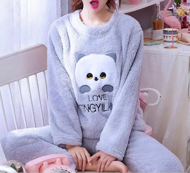 StyleK H6019 милые пижамы девочка студентка Толстая плюшевая одежда для сна женская с длинными рукавами Осень зима фланель коралловый бархат Корейская Ночная сорочка - Цвет: StyleK