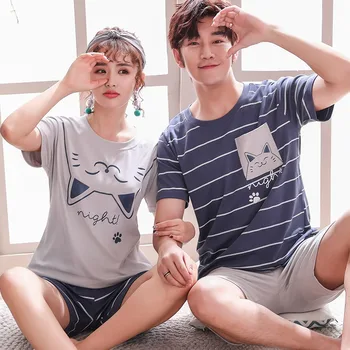 

Couples Cotton Shorts Pajama Sets for Women Summer Short Sleeve Sleepwear Cute Cartoon Pyjamas Homewear Pijama Mujer Men Clothes