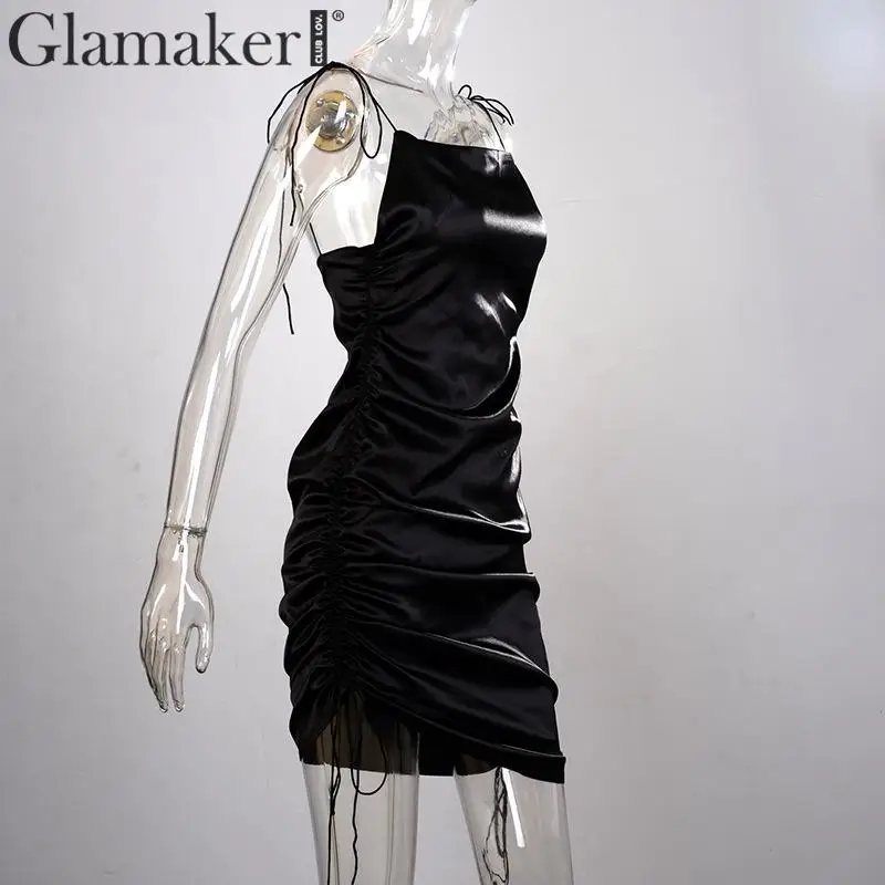 Glamaker атласное платье с открытыми плечами и тонкими бретельками, женское элегантное мини-платье на завязках, женское осенне-зимнее сексуальное платье с открытой спиной