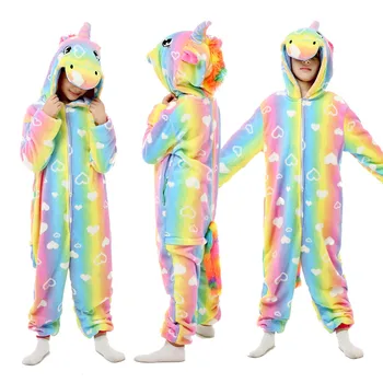

Kids Pajamas Unicorn Series Sleepwear New Children Onesie Rainbow Stripes Full Hooded Winter Heart-shaped Flannel Animal