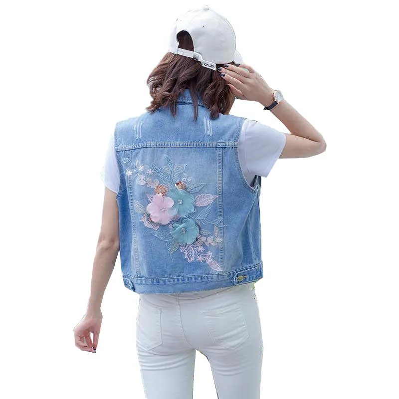 

Женский джинсовый жилет с блестками, универсальный жилет с трехмерными цветами и вышивкой, весна-осень