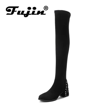 

Fujin Women Boots Plush Round Toe Dropshipping Square Heel Long Height Increasing Fashion Cross Tied Causal Over The Knee Boots
