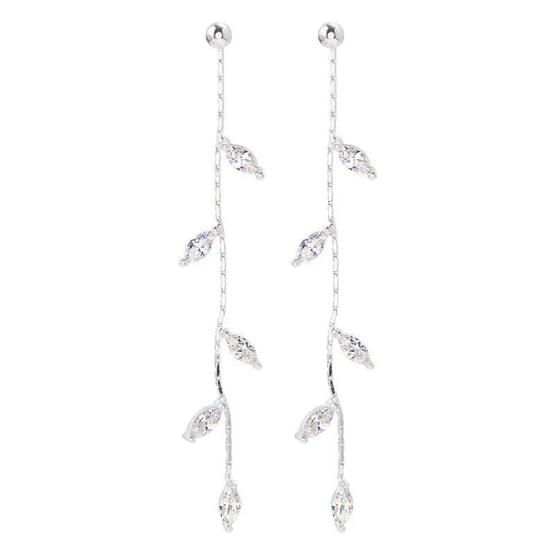 Women long silver plated crystal leaf tassel drop earrings for wedding fashion