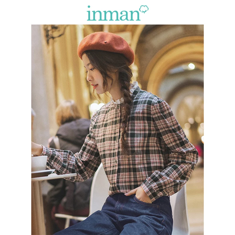 INMAN Spring Autumn Lace Stand up Collar Casual Long Sleeve Retro Slim Plaid Literary Women Blouse INMAN Spring Autumn Lace Stand up Collar Casual Long Sleeve Retro Slim Plaid Literary Women Blouse