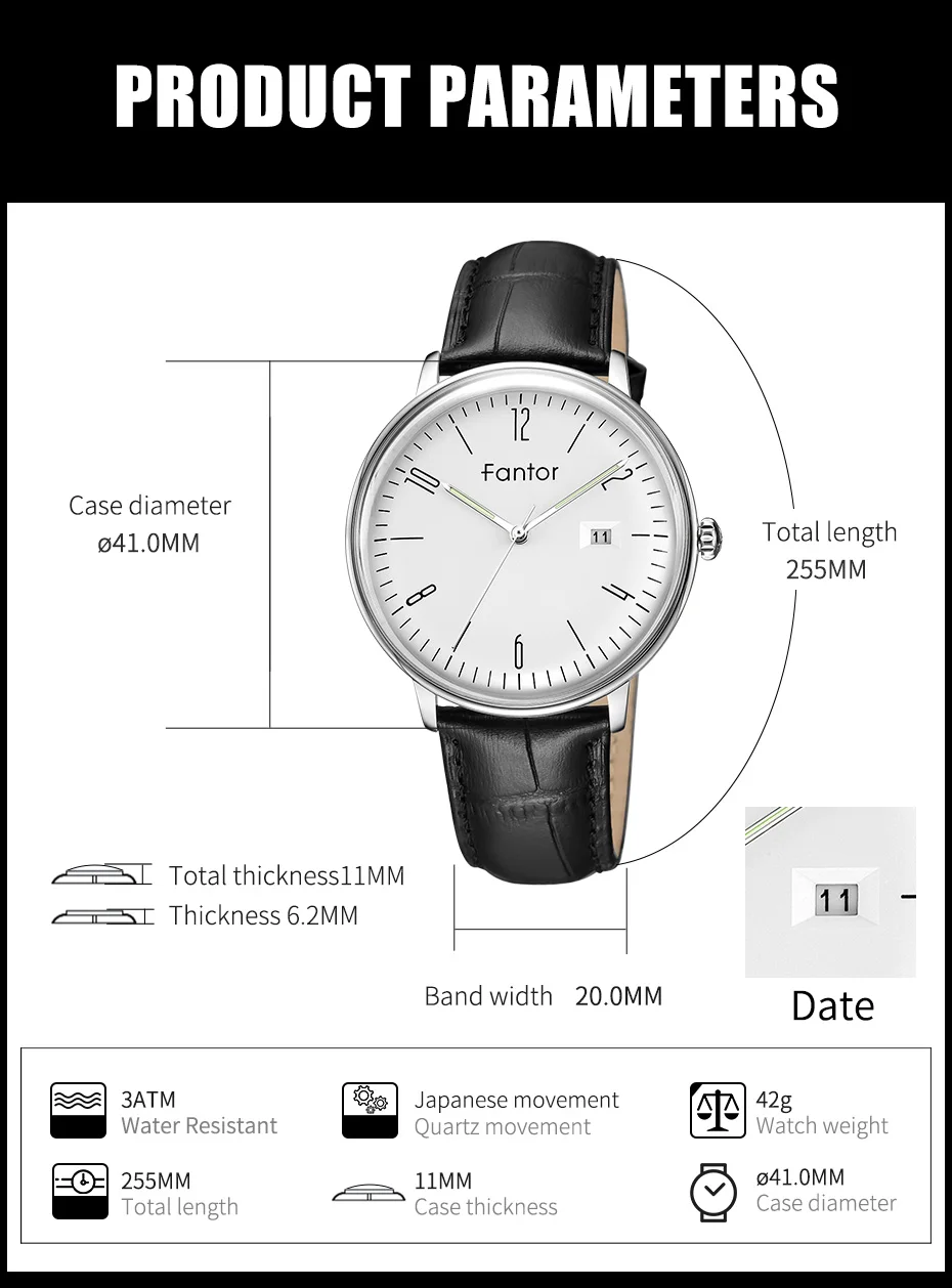 Fantor Топ бренд повседневные деловые часы мужские кожаные кварцевые наручные часы Мужские часы с датой светящиеся водонепроницаемые часы для мужчин