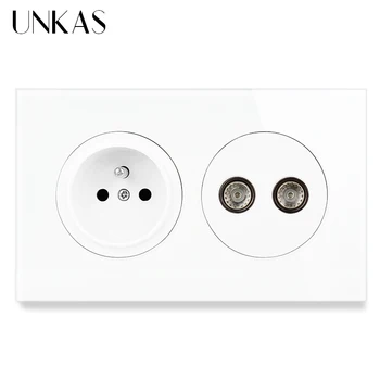 

UNKAS French Standard Wall Socket + Female Dual TV Connector Jack 146MM*86MM Glass And Black Aluminum Panel Television Outlet