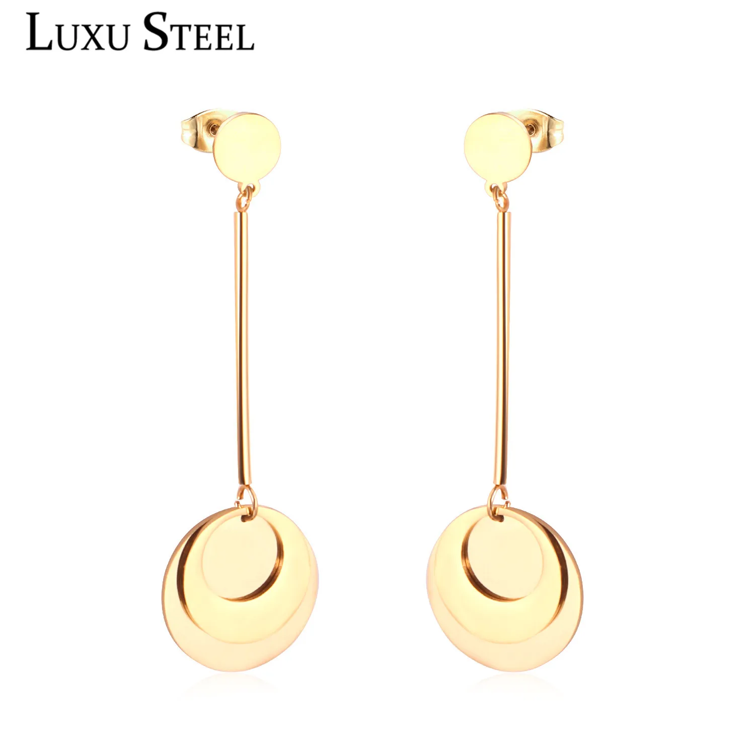 LUXUSTEEL Round Shape Drop Earrings Stainless Steel Gold/Silver Color Dangle Jewelry Women Fashion Accessories Wholesale Party