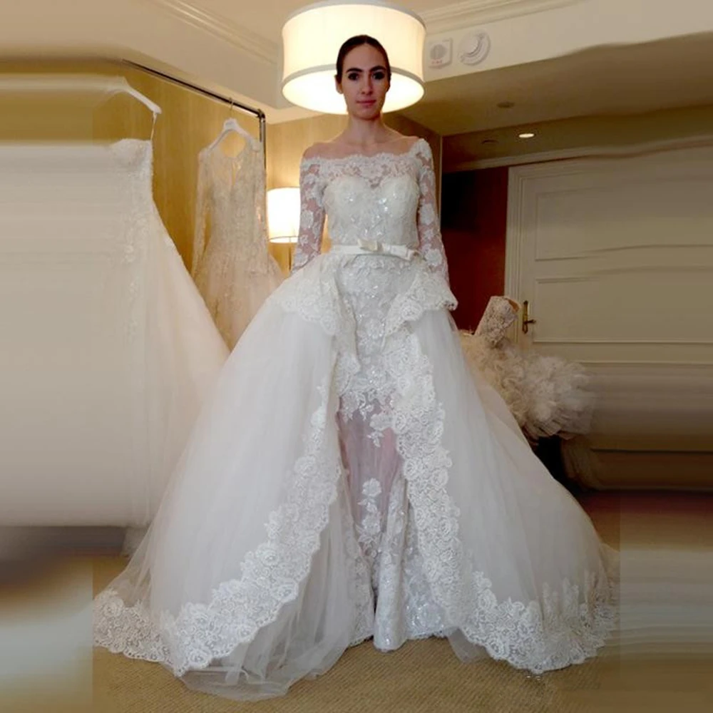 Verwijderbare Trail 2 Pieces Wedding Dress Lange Mouwen Off Shoulder Lovertjes Lace Afneembare Rok vestido de noiva Bruidsjurken Verwijderbare Trail 2 Pieces Wedding Dress Lange Mouwen Off Shoulder Lovertjes Lace Afneembare Rok vestido de noiva Bruidsjurken
