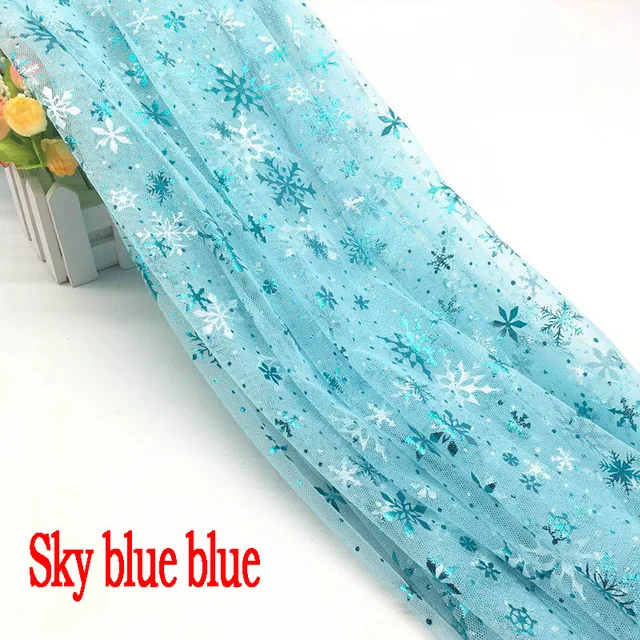 150*100cm Snowflake Tulle Rainbow Silver Snow Star DIY Handmade Fabric for Baby Dress Wedding Birthday Bouquet Supplies Sky blue blue