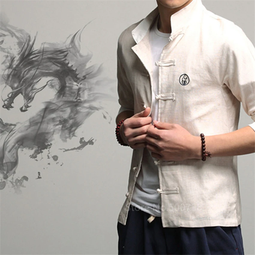 Ceny Tradycyjna chińska odzież dla mężczyzn Vintage pełna rękaw kołnierz lniane koszule strój tang Hanfu chiński styl Top noworoczne ubrania