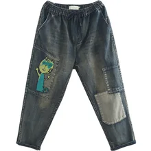 OMIKRON женские осенние модные брендовые винтажные джинсы с вышивкой кота из мультфильма Женские повседневные потертые шаровары брюки