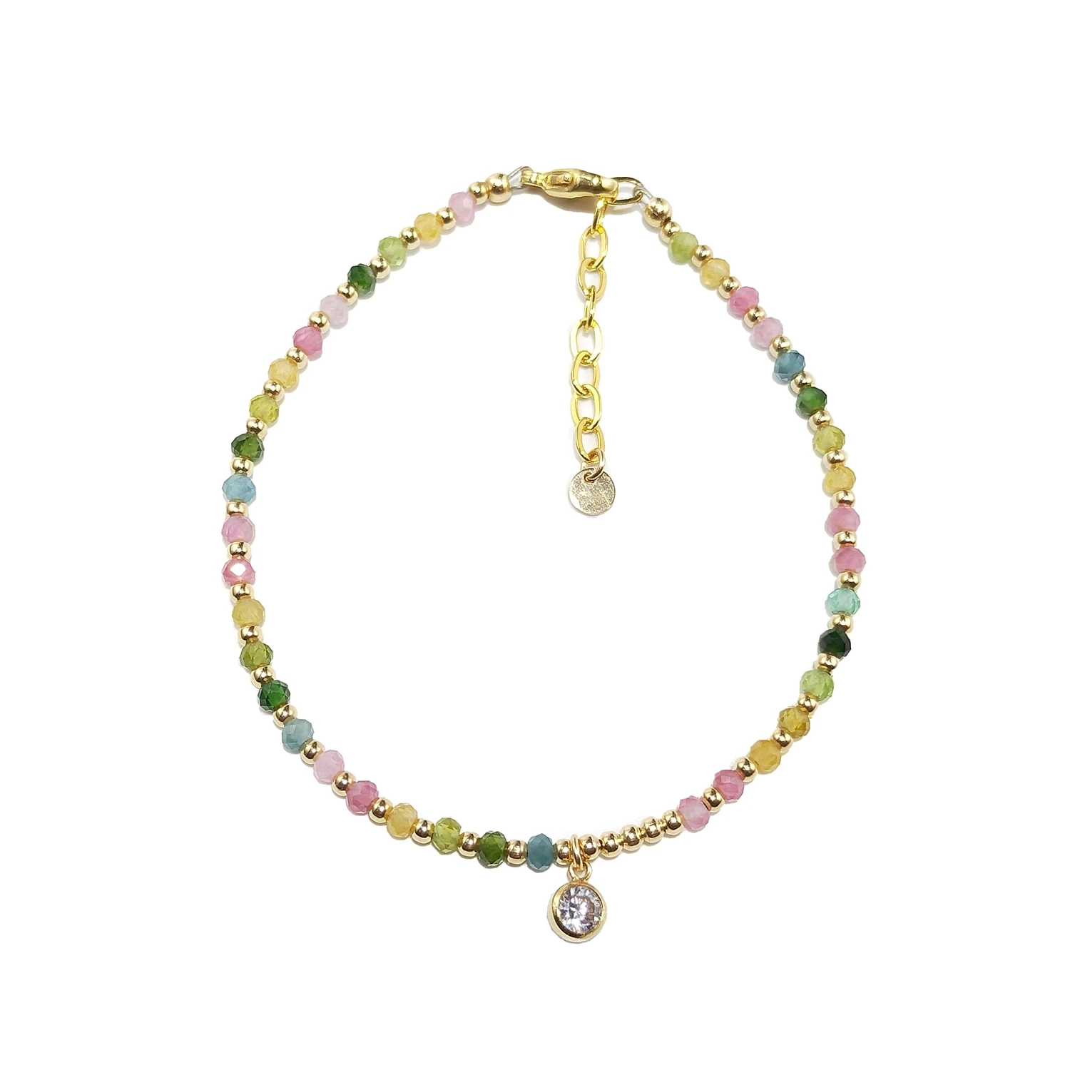 

Lii Ji Natural Rainbow Tourmaline14K Gold Filled Zircon Charm Bracelet 17+3ccm Fashion Fine Handmade Jewelry For Gift