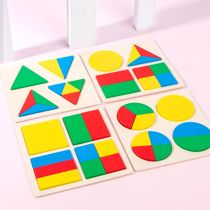 Kids Traction Toy Montessori Wood Geometric Shape Dividing Board Triangle Circle Square Math Toys 5 in 1 Unisex Boys Girls Gift