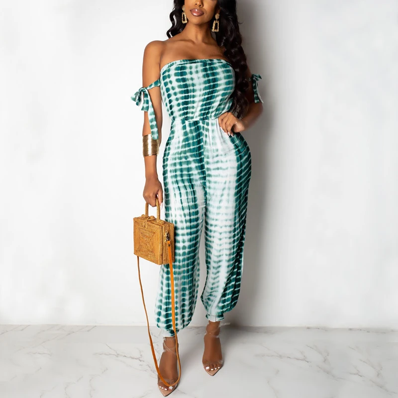 Women Summer Off Shoulder Sexy Jumpsuit Vintage Printed Bodycon Streetwear Overalls Sexy Party Club Jumpsuits