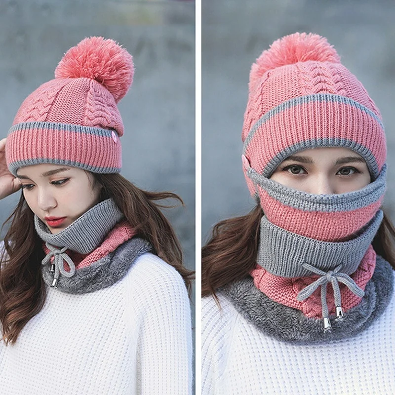Pink Современный 3 шт./компл. для женщин для активного отдыха вязаная шапка вязаная шерстяная шапка спортивная маска шарф набор теплый плюс бархат мода - Цвет: Pink